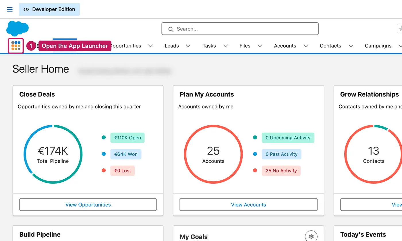 Salesforce screen for step 1: Click the App Launcher.