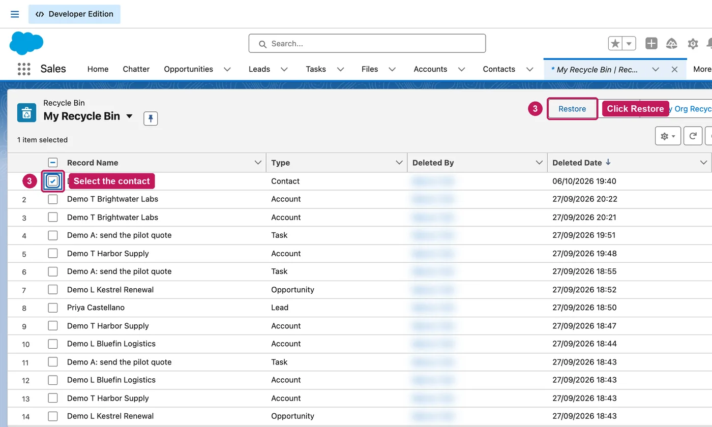 Salesforce screen for step 3: Select the demo contact, then click Restore.